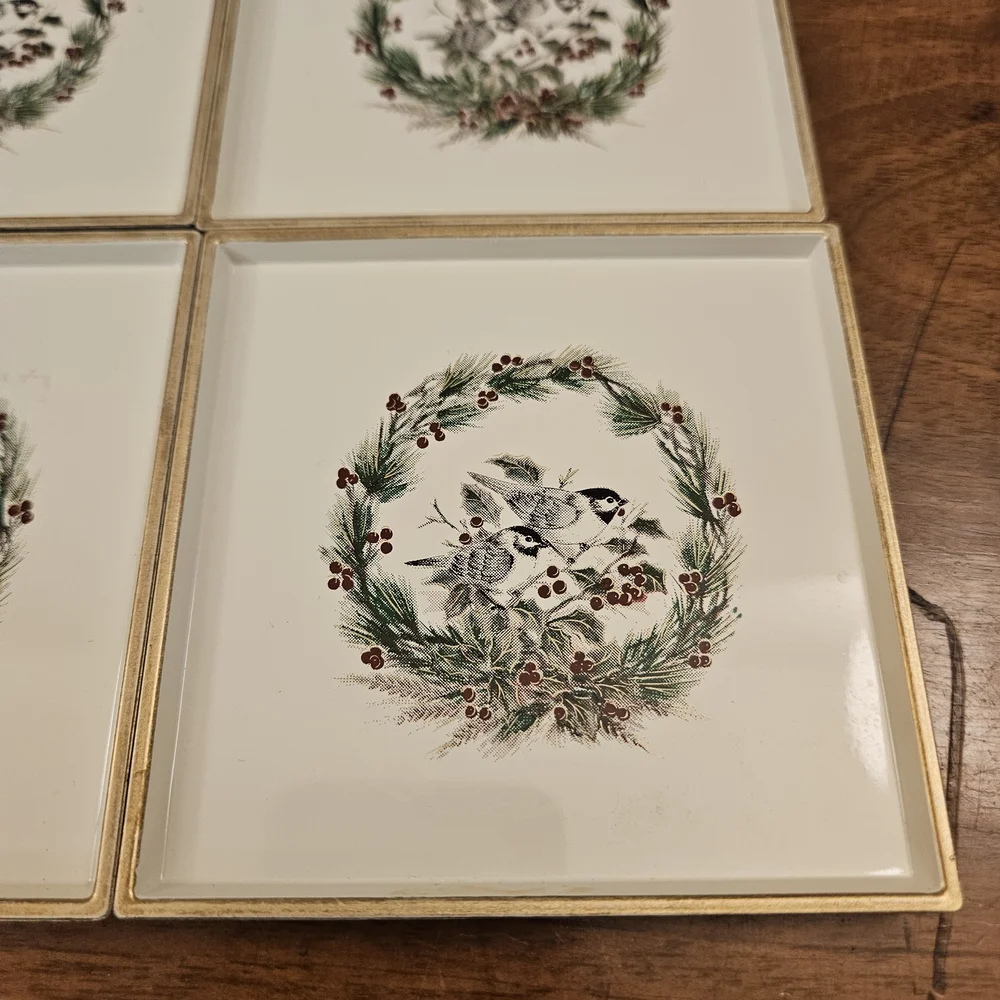 Otagiri Lacquerware Coaster Set Of 4 Square Box Bird Sitting on Wreath Christmas